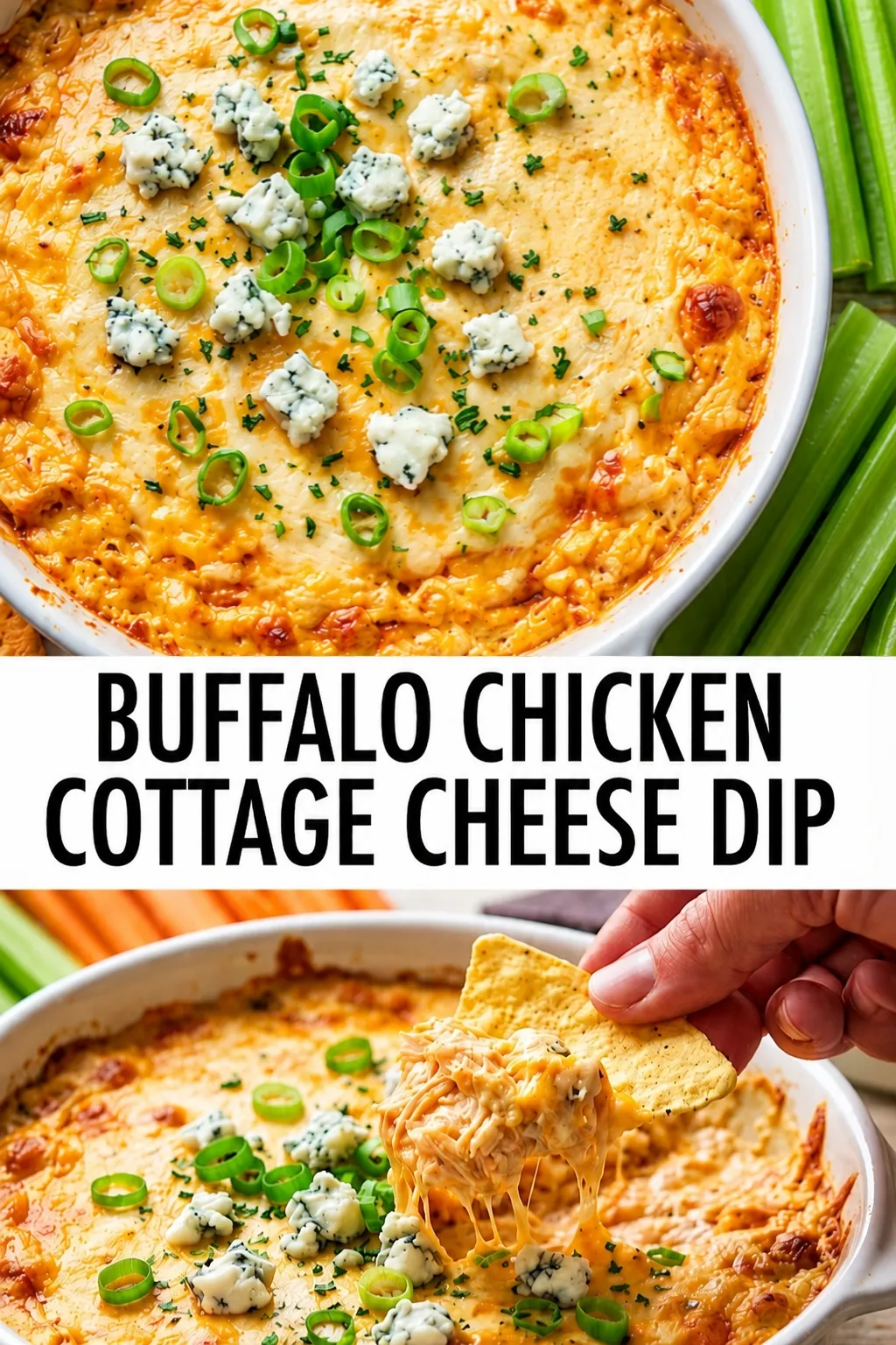 Buffalo chicken cottage cheese dip topped with blue cheese crumbles and green onions, with a tortilla chip dipping into the creamy, cheesy dip.