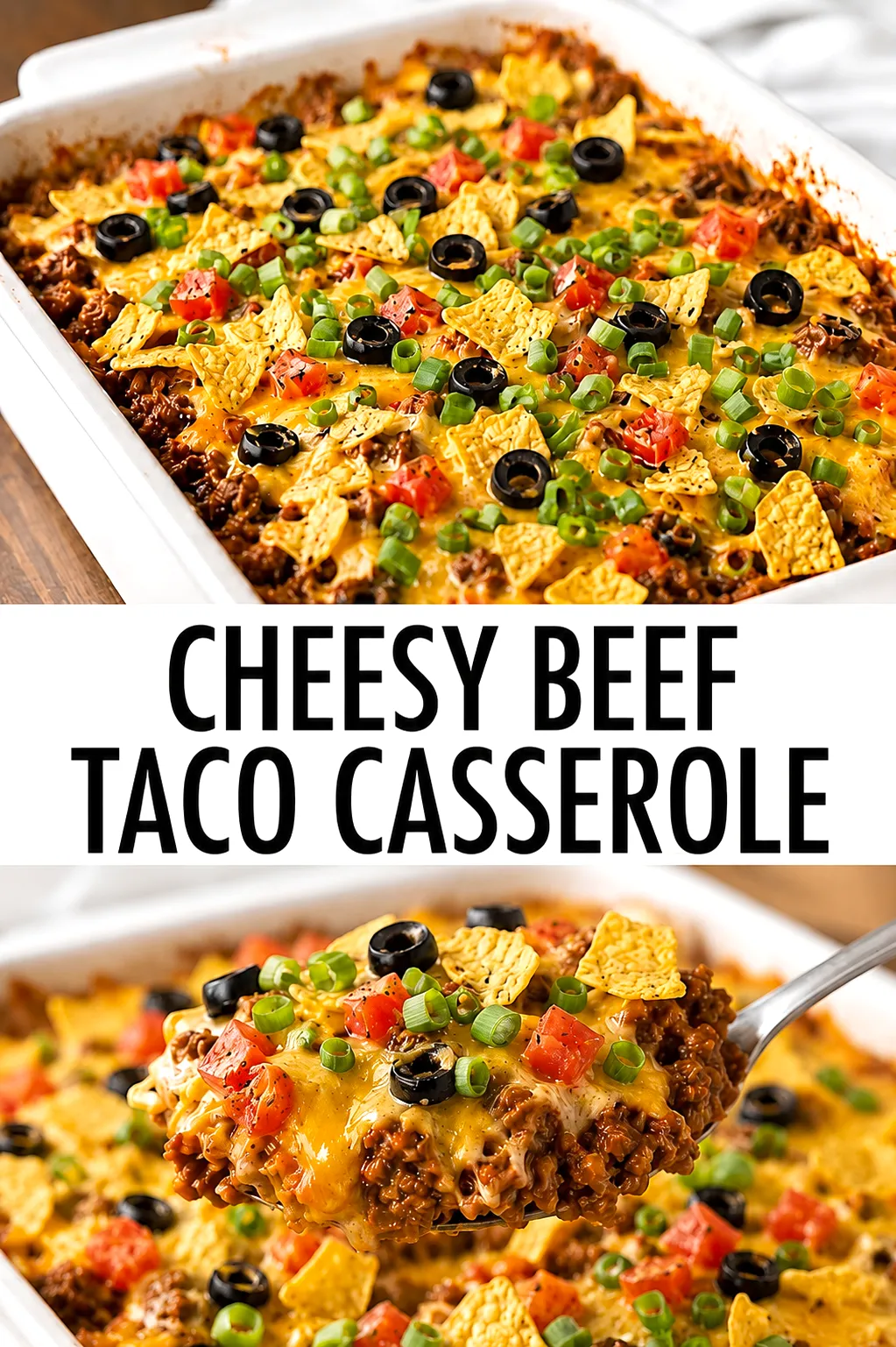 Cheesy beef taco casserole topped with melted cheese, tortilla chips, black olives, diced tomatoes, and green onions, with a spoonful of the casserole being served