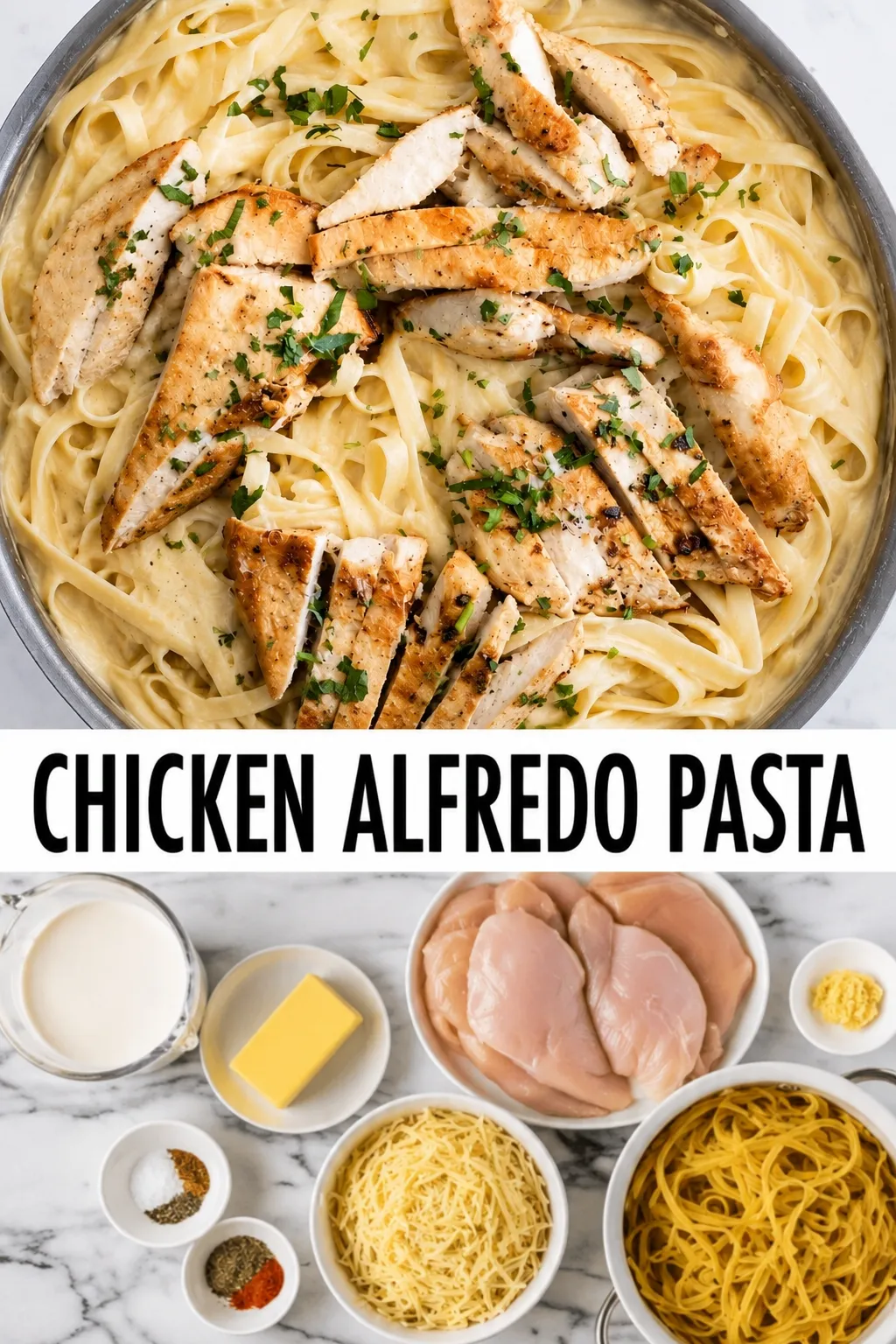 Creamy chicken Alfredo pasta with grilled chicken, fettuccine noodles, and a rich Parmesan cream sauce, shown with the main recipe ingredients