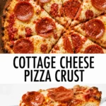 Cottage cheese pizza crust topped with melted cheese and pepperoni, a low carb, keto-friendly and gluten free homemade pizza recipe