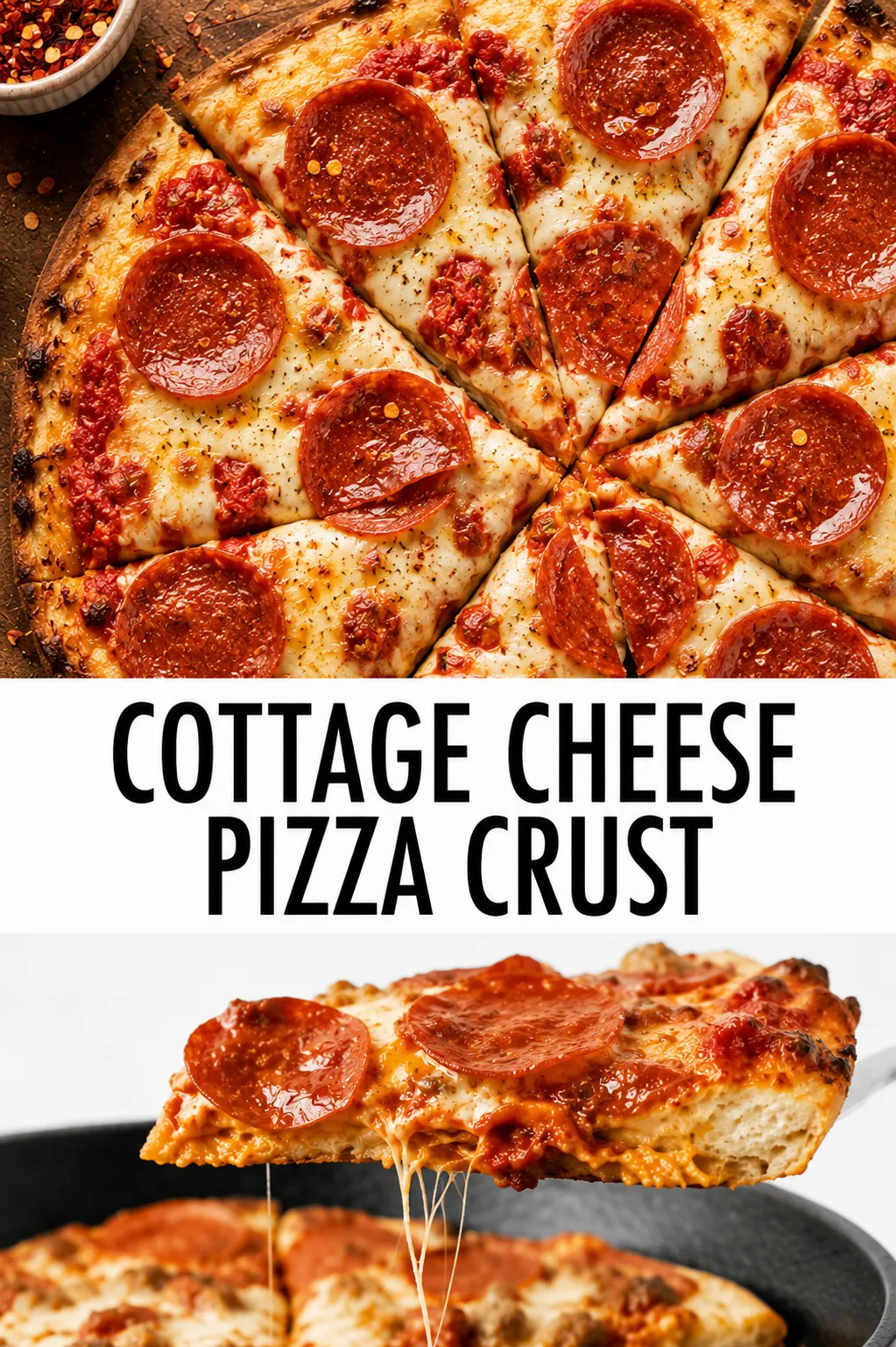 Cottage cheese pizza crust topped with melted cheese and pepperoni, a low carb, keto-friendly and gluten free homemade pizza recipe