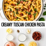Creamy Tuscan chicken pasta with tender chicken, penne, spinach, sun-dried tomatoes, Parmesan, and a rich creamy sauce, with the ingredients arranged below.