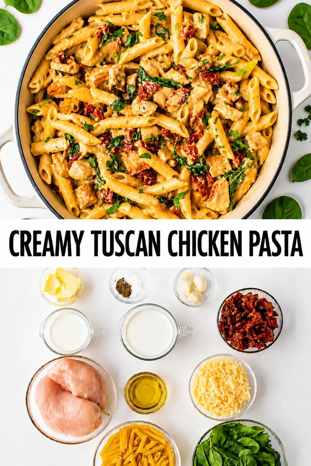 Creamy Tuscan chicken pasta with tender chicken, penne, spinach, sun-dried tomatoes, Parmesan, and a rich creamy sauce, with the ingredients arranged below.