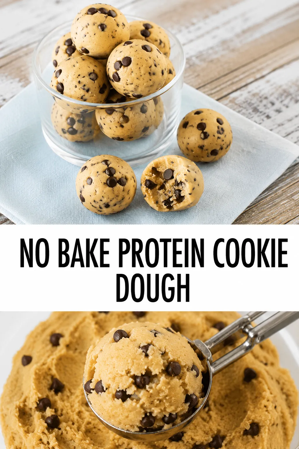 No bake protein cookie dough bites loaded with chocolate chips, served in a clear glass bowl